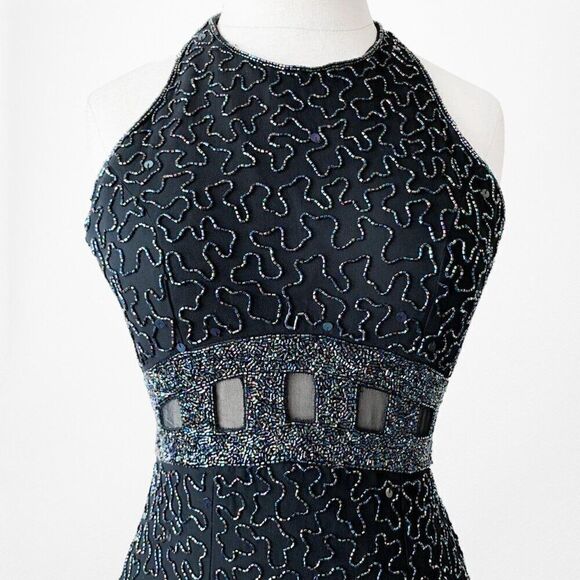Vintage Black Cutout Beaded Silk Side Slit Maxi Bodycon Formal Dress Size XS/S - Picture 5 of 8